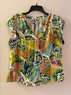 Nicole Miller New York Tropical Print Blouse 1X Lightweight V-Neck Top